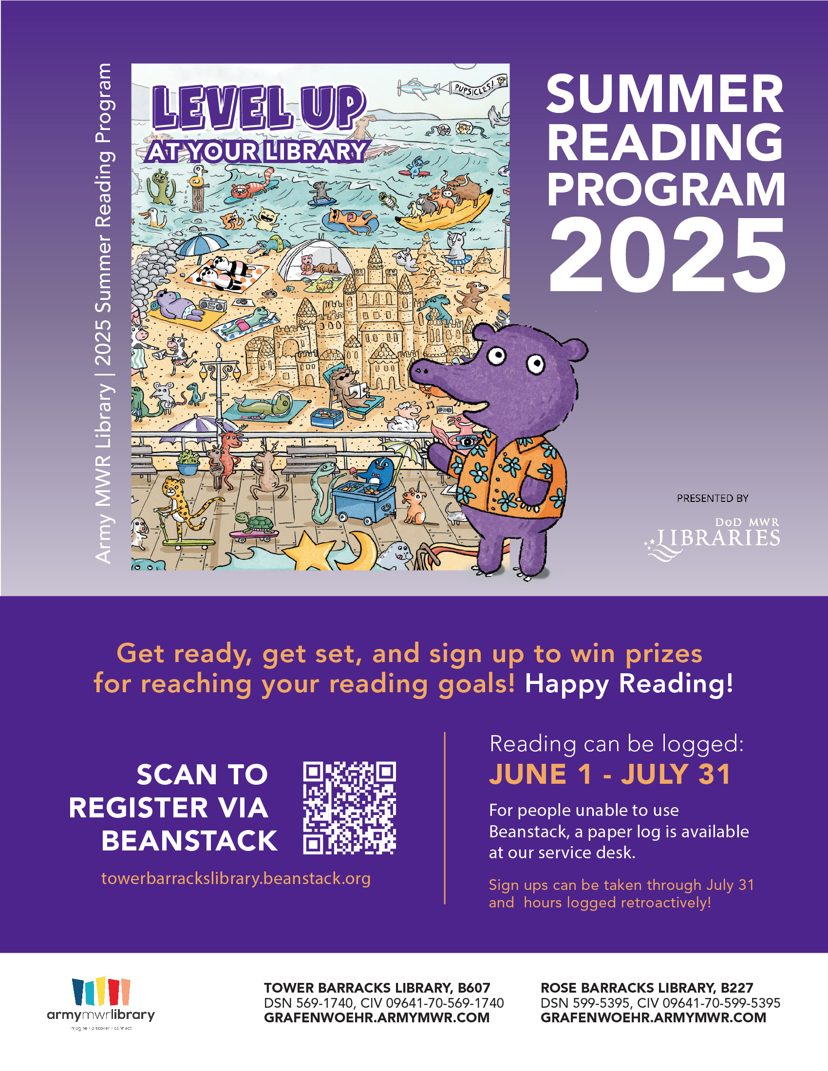Log your reading from June 1 to July 31st to win prizes from the MWR Library. Scan the code to register or visit towerbarrackslibrary.beanstack.org.